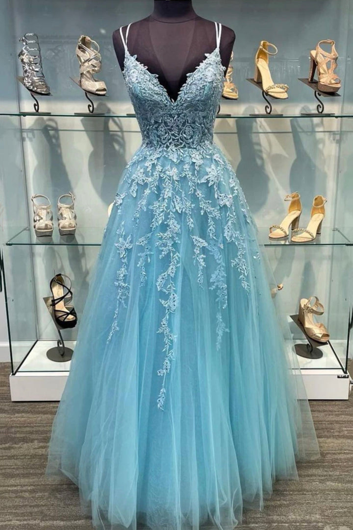 Luolandi Blue V-Neck Tulle Long Prom Dresses A-Line Evening Dresses with Lace Beautiful