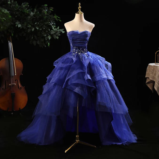 Luolandi Blue Prom Dresses Ruffles Tiered Crystal Beaded Top Formal Party Dress  High Low Prom Dress Off Shoulder