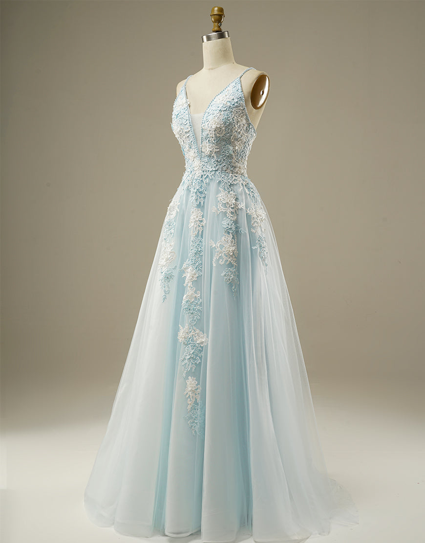 Luolandi A-line Light Blue Tulle Prom Dress Floor Length Beautiful With Flowers