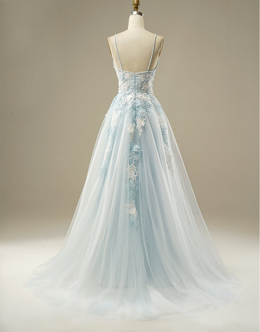 Luolandi A-line Light Blue Tulle Prom Dress Floor Length Beautiful With Flowers
