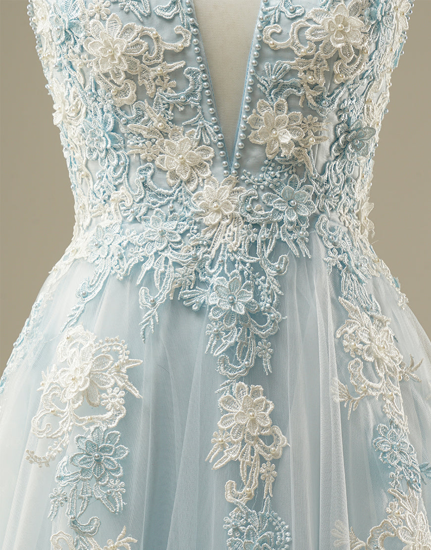 Luolandi A-line Light Blue Tulle Prom Dress Floor Length Beautiful With Flowers