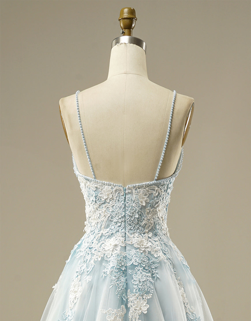 Luolandi A-line Light Blue Tulle Prom Dress Floor Length Beautiful With Flowers