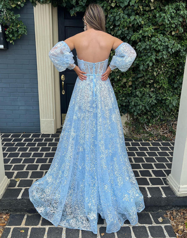 Luolandi A-Line Sweetheart Lace Prom Dress with Sleeves Sexy Evening Dress With Slit