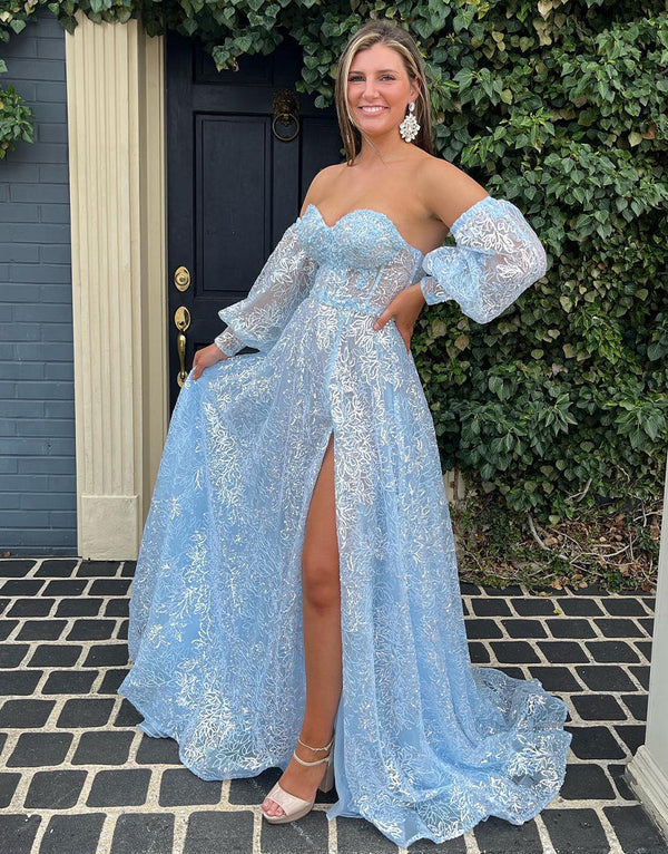 Luolandi A-Line Sweetheart Lace Prom Dress with Sleeves Sexy Evening Dress With Slit