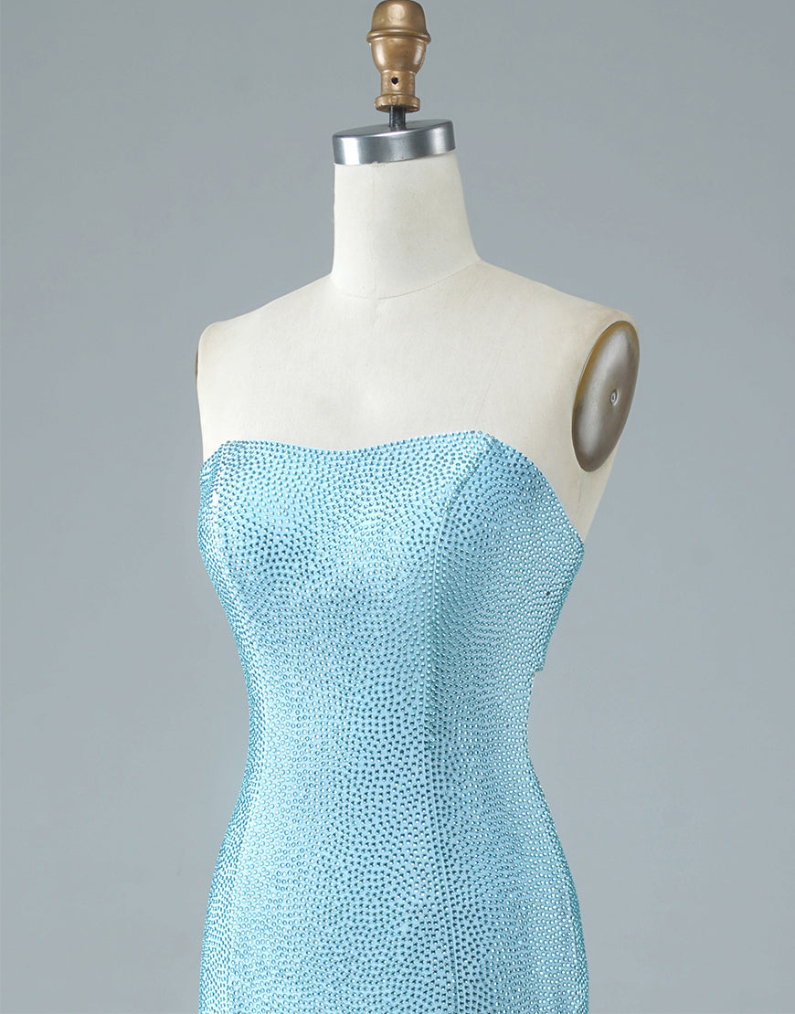 Luolandi Sexy Tight Strapless Light Blue Long Prom Dress with Split Off Shoulder Sparkly Evening Dress