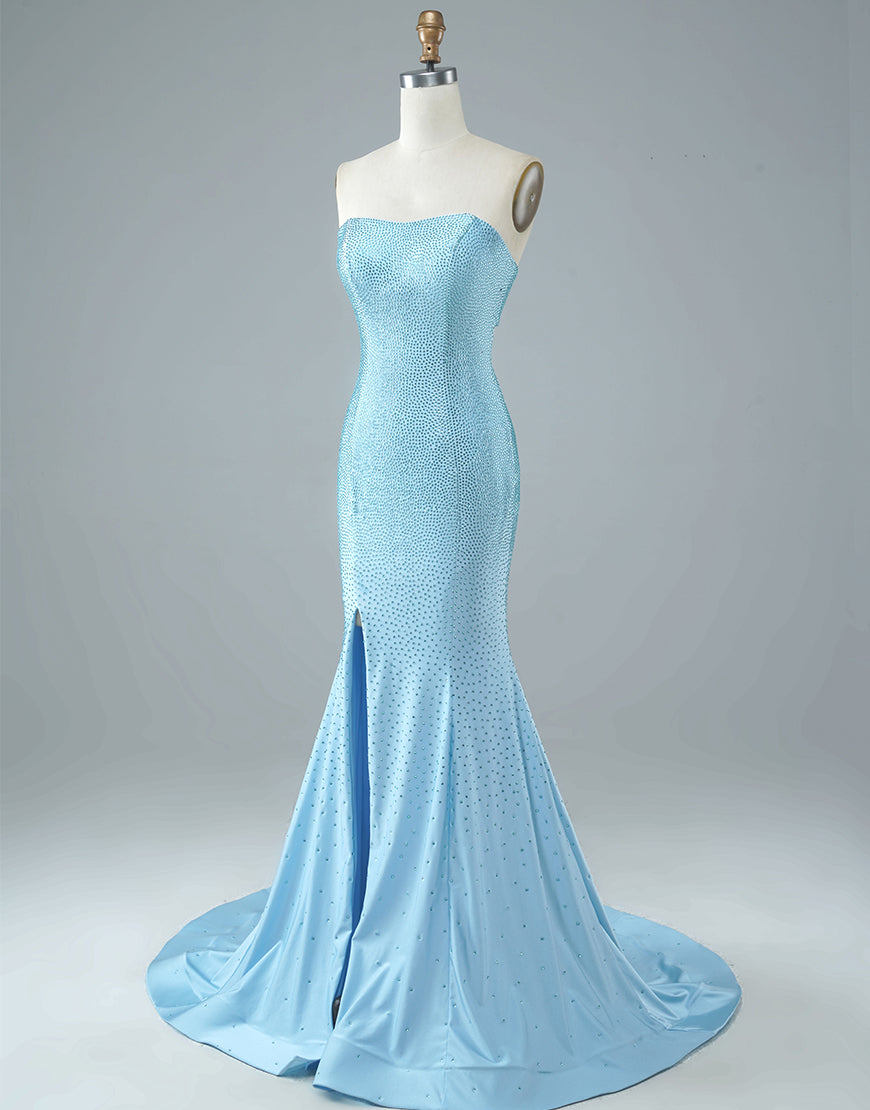 Luolandi Sexy Tight Strapless Light Blue Long Prom Dress with Split Off Shoulder Sparkly Evening Dress