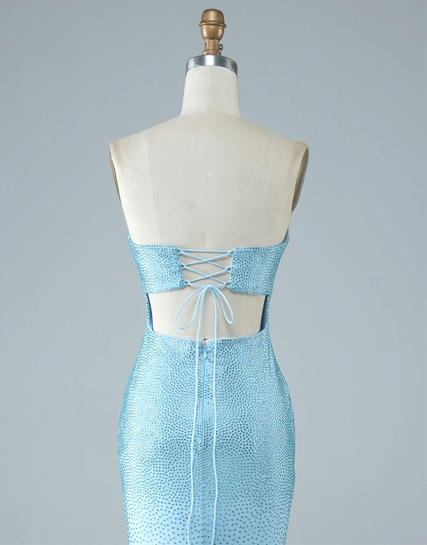 Luolandi Sexy Tight Strapless Light Blue Long Prom Dress with Split Off Shoulder Sparkly Evening Dress