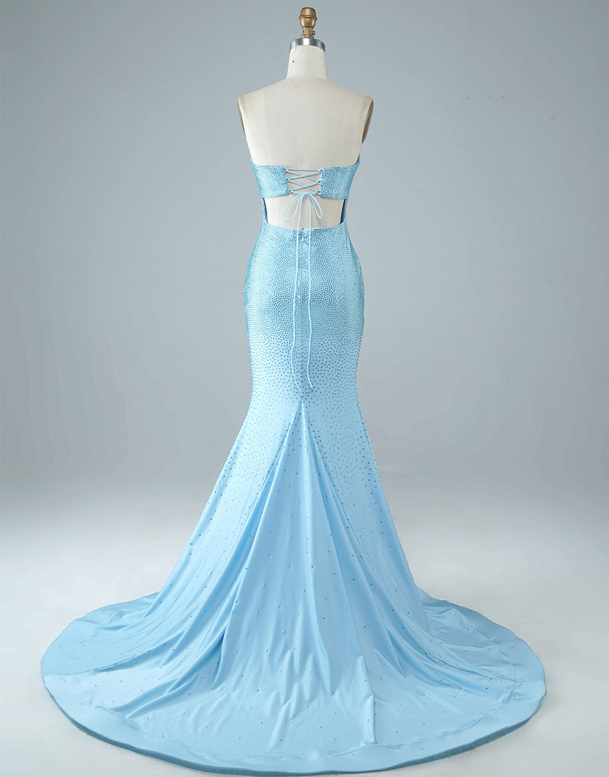 Luolandi Sexy Tight Strapless Light Blue Long Prom Dress with Split Off Shoulder Sparkly Evening Dress