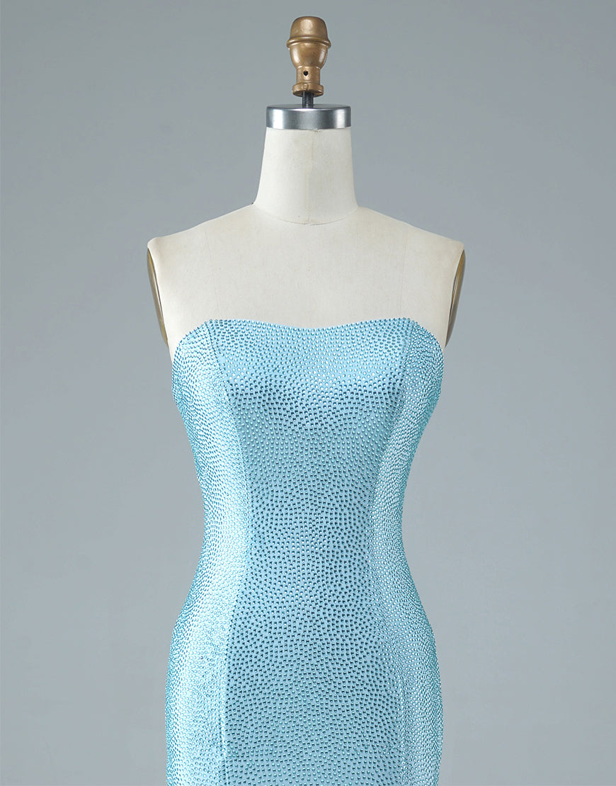 Luolandi Sexy Tight Strapless Light Blue Long Prom Dress with Split Off Shoulder Sparkly Evening Dress