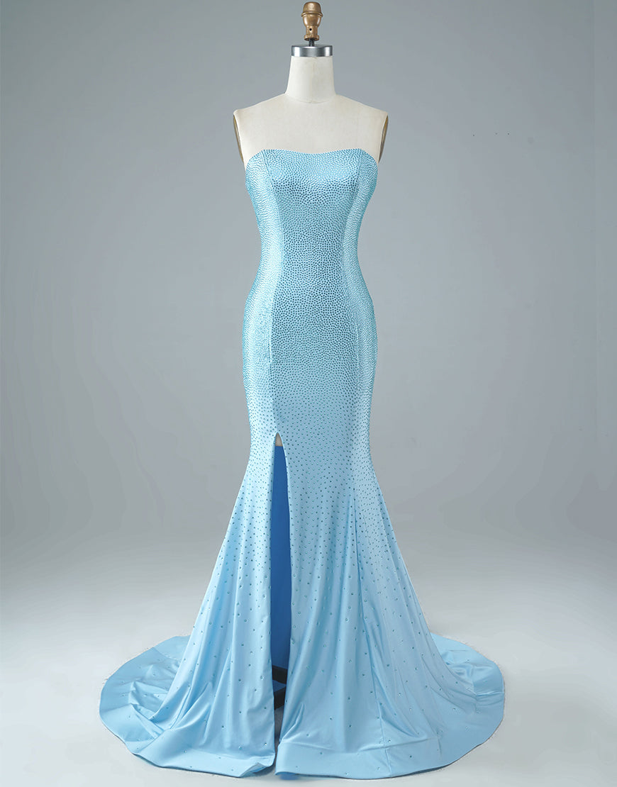 Luolandi Sexy Tight Strapless Light Blue Long Prom Dress with Split Off Shoulder Sparkly Evening Dress
