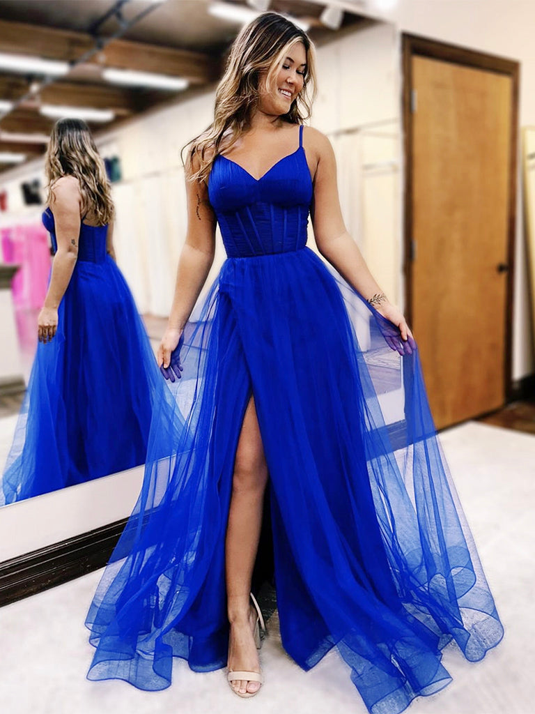 Luolandi A-Line V Neck Tulle Blue Long Prom Dress Formal Dress Sexy Evening Dress With Slit