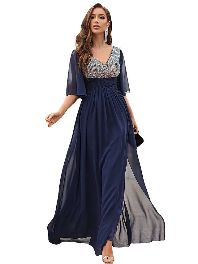 Luolandi A-Line Wedding Guest Dresses Sparkle & Shine Dress Party Wear Floor Length Half Sleeve V Neck Chiffon with Crystals