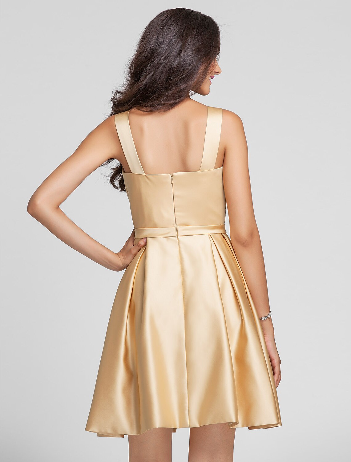 Luolandi Ball Gown / A-Line V Neck Knee Length Satin Bridesmaid Dress with Sash / Ribbon / Criss Cross
