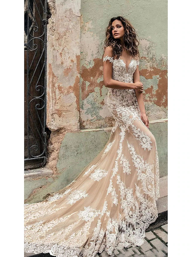 Luolandi Engagement Formal Fall Wedding Dresses Ball Gown Sweetheart Cap Sleeve Court Train Lace Bridal