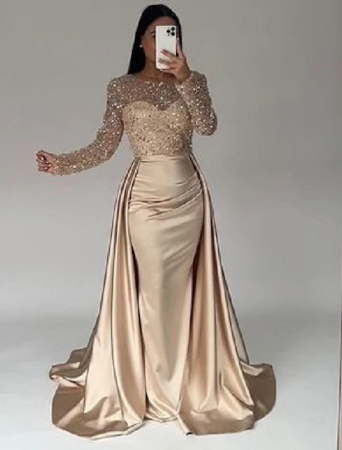 Luolandi Mermaid / Trumpet Evening Gown Sparkle &amp; Shine Dress Carnival Masquerade Floor Length Long Sleeve Illusion Neck Fall Wedding Reception Satin