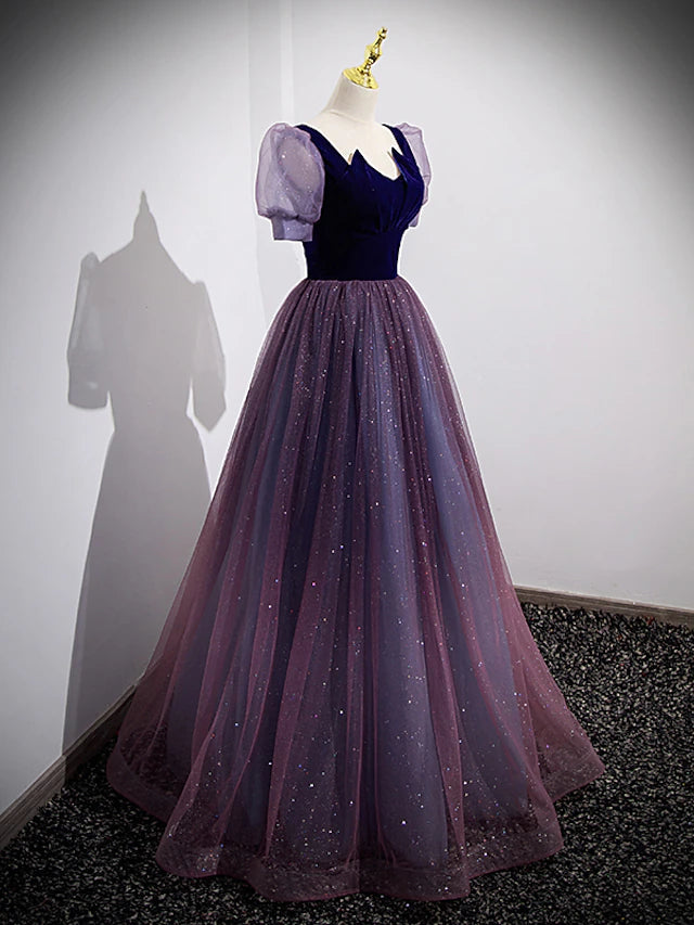 Luolandi A-Line Prom Dresses Sparkle & Shine Dress Prom Floor Length Short Sleeve Scoop Neck Tulle