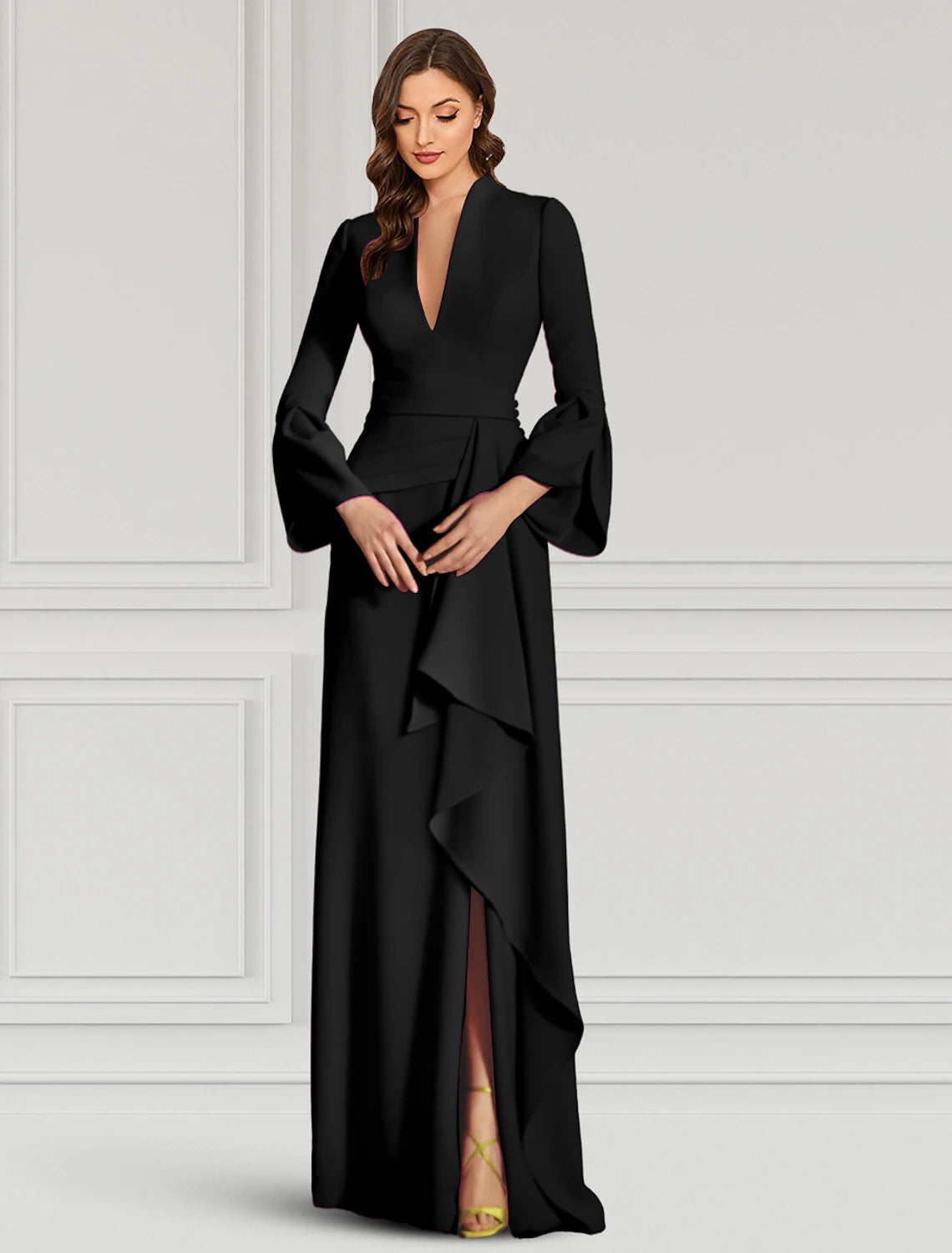 Luolandi Sheath Evening Gown Elegant Black Dress Formal Cocktail Party Dress Floor Length Long Sleeve V Neck Fall Wedding Guest Fabric