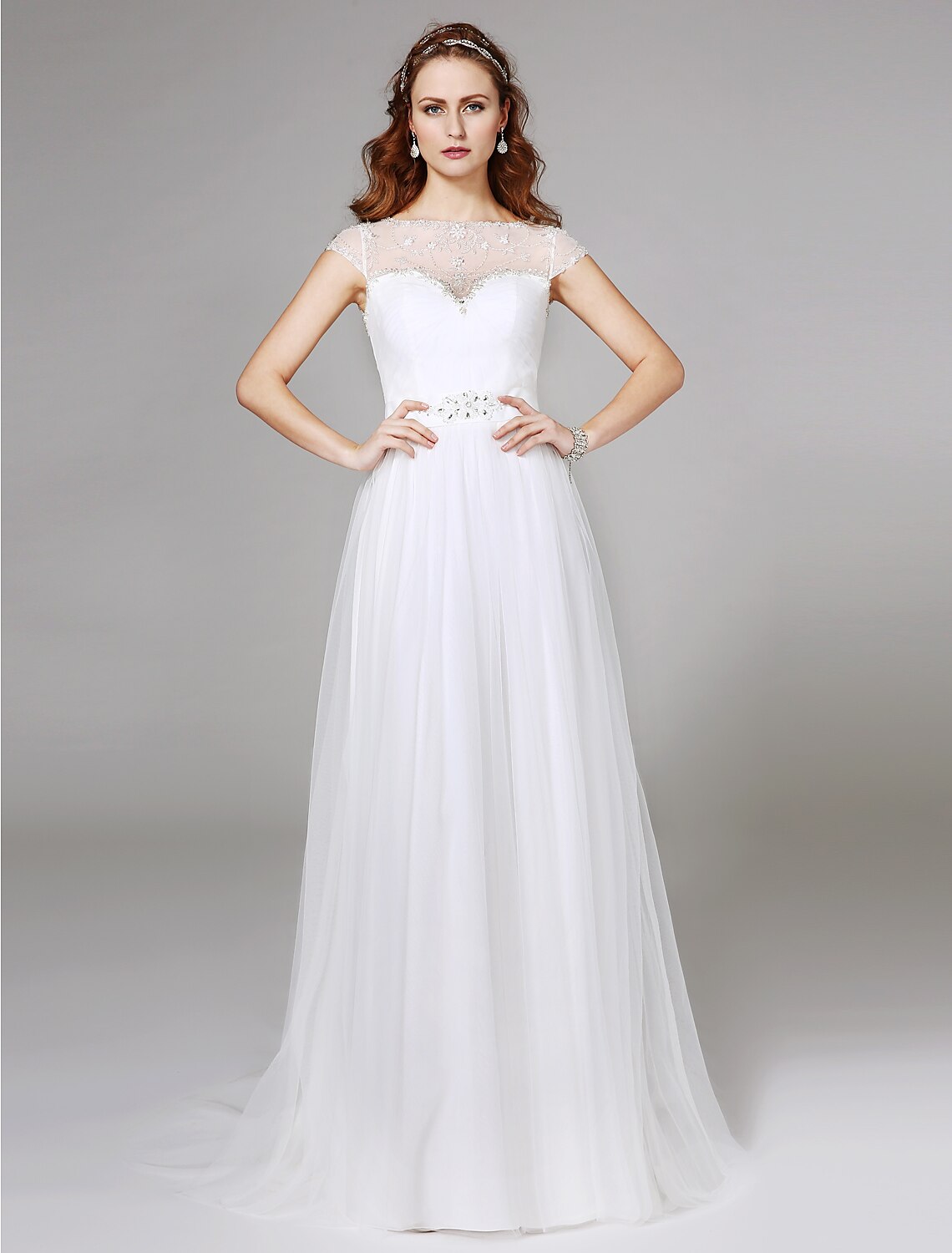 Luolandi A-Line Illusion Neck Sweep / Brush Train Tulle Made-To-Measure Wedding Dresses with Beading