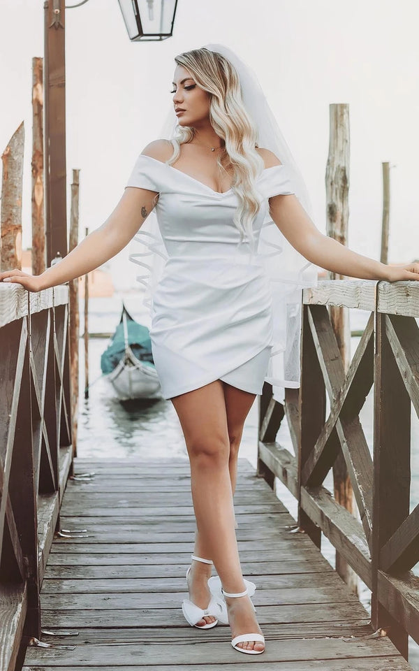 Luolandi Sheath Off-the Shoulder Satin Simple Wedding Dress Sleeveless Short Hemline