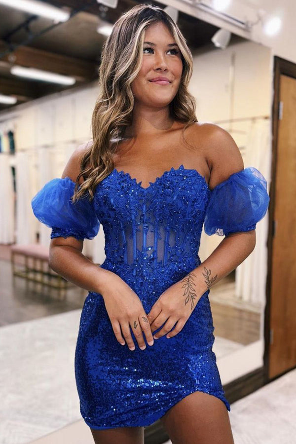 Luolandi Bodycon Sparkly Sequin Strapless Short Homecoming Dress with Split Off Shoulder