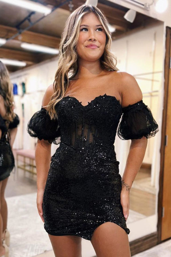 Luolandi Bodycon Sparkly Sequin Strapless Short Homecoming Dress with Split Off Shoulder