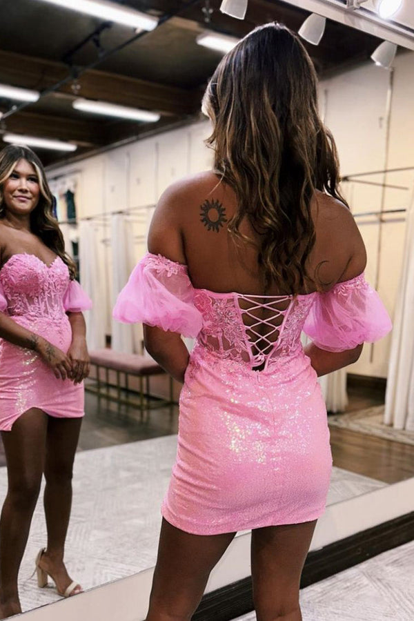 Luolandi Bodycon Sparkly Sequin Strapless Short Homecoming Dress with Split Off Shoulder