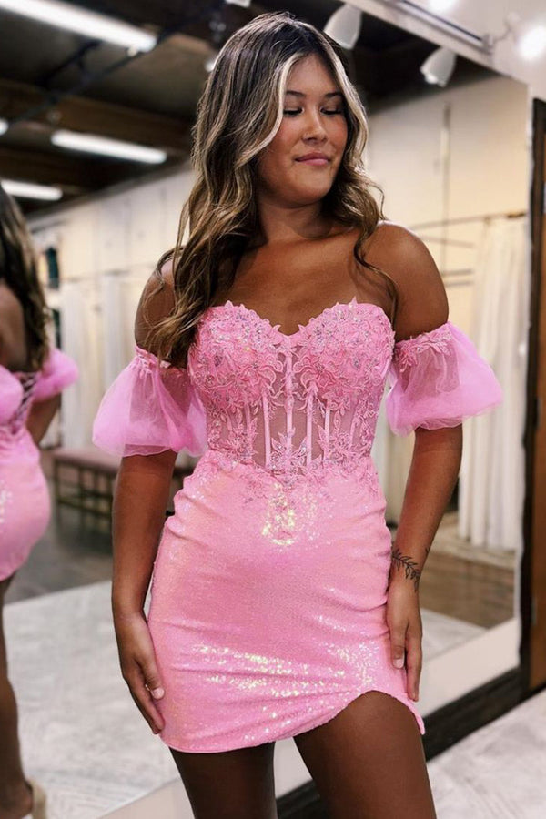 Luolandi Bodycon Sparkly Sequin Strapless Short Homecoming Dress with Split Off Shoulder