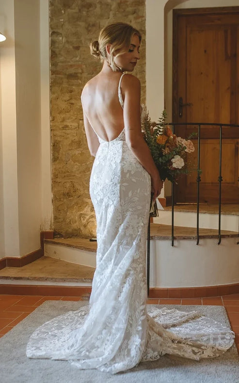 Luolandi Bohemian Full Body Lace Mermaid Sexy Hip Wrap Wedding Dress Spaghetti Straps with Backless Beautiful