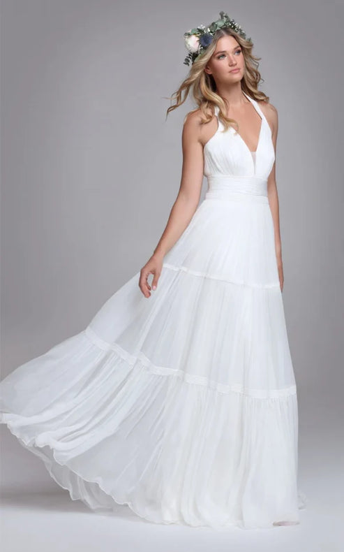 Luolandi Bohemian Halter A Line Tulle Brush Train Wedding Dress with Ruching Elegant