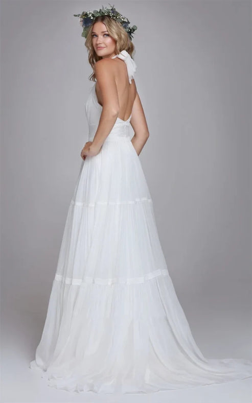 Luolandi Bohemian Halter A Line Tulle Brush Train Wedding Dress with Ruching Elegant