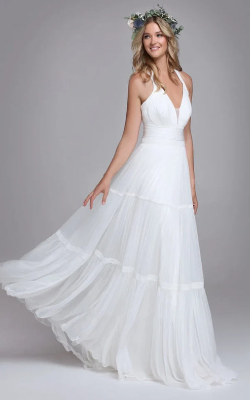 Luolandi Bohemian Halter A Line Tulle Brush Train Wedding Dress with Ruching Elegant