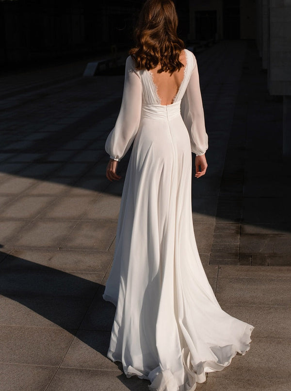 Luolandi Boho A-Line V Neck Long Sleeve Wedding Dress With Slit