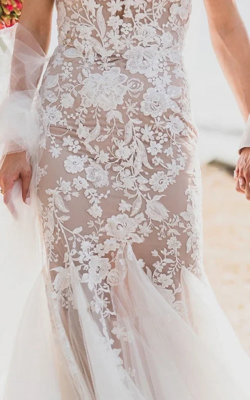 Luolandi Boho Mermaid Vintage Beach V-neck Ethereal Fairy Wedding Dress with Lace Appliques Beautiful