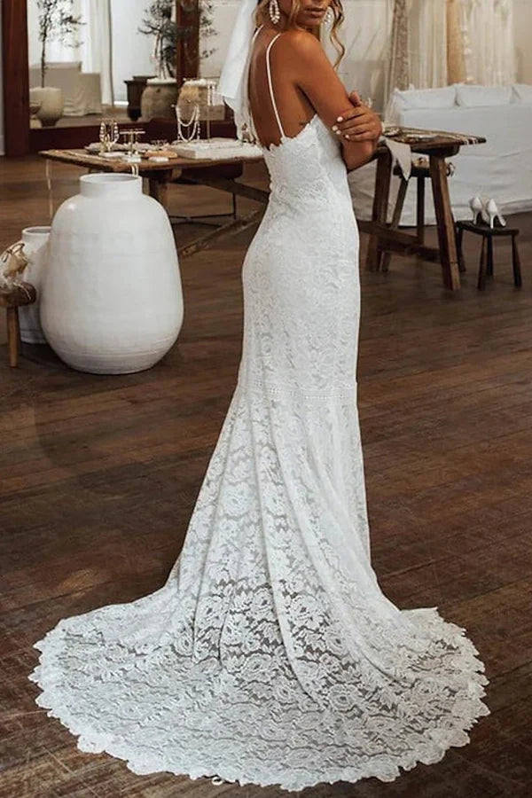 Luolandi Beach Bohemian Wedding Mermaid/Loudspeaker Fine Shoulder Strap Lace Bridal Dress Sexy