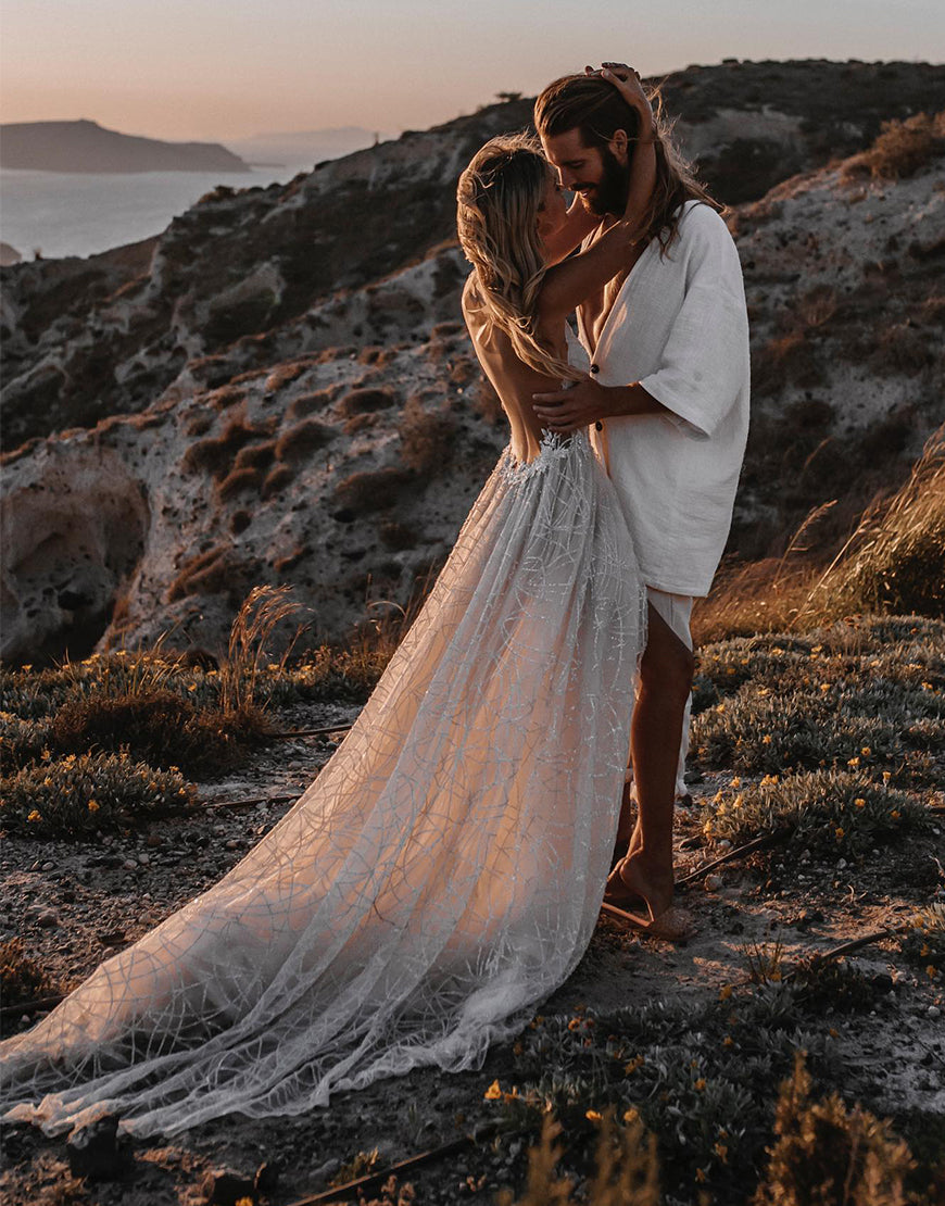 Luolandi A-line V-neck Backless Boho Wedding Dress Open Back Sexy