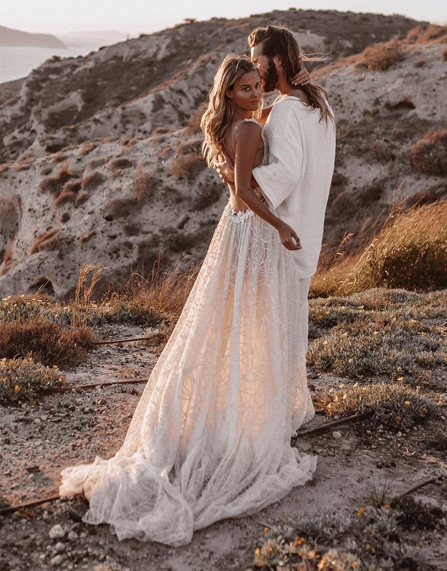 Luolandi A-line V-neck Backless Boho Wedding Dress Open Back Sexy