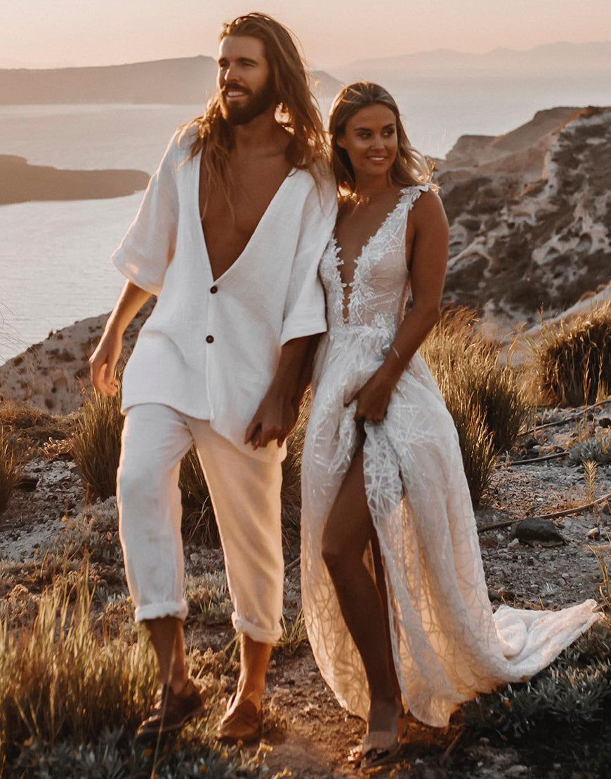 Luolandi A-line V-neck Backless Boho Wedding Dress Open Back Sexy