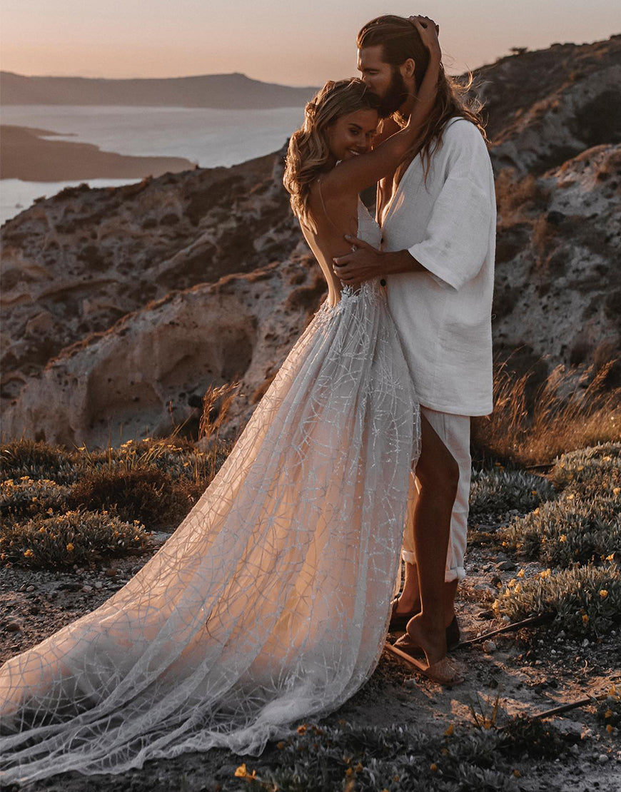 Luolandi A-line V-neck Backless Boho Wedding Dress Open Back Sexy