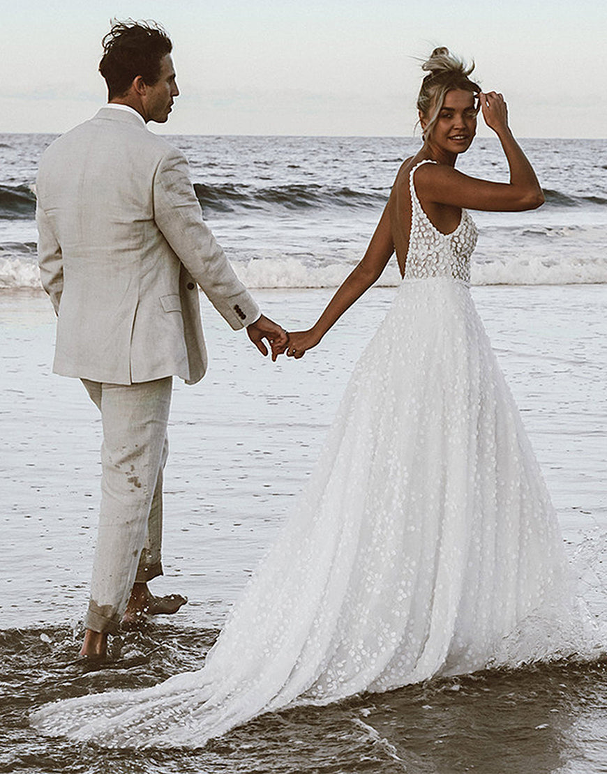 Luolandi Charming Boho Wedding Dress With Open Back V-neck Floor Length Sexy Dress