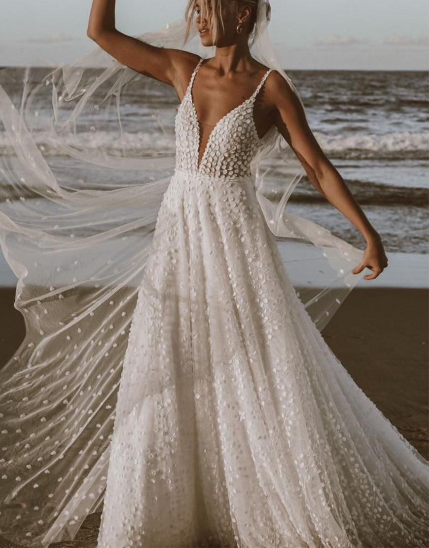 Luolandi Charming Boho Wedding Dress With Open Back V-neck Floor Length Sexy Dress