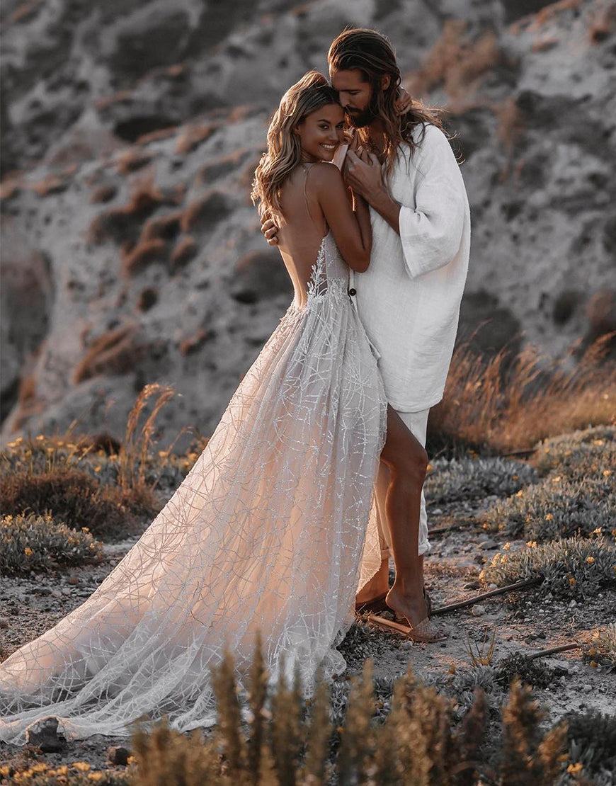 Luolandi A-line V-neck Backless Boho Wedding Dress Open Back Sexy