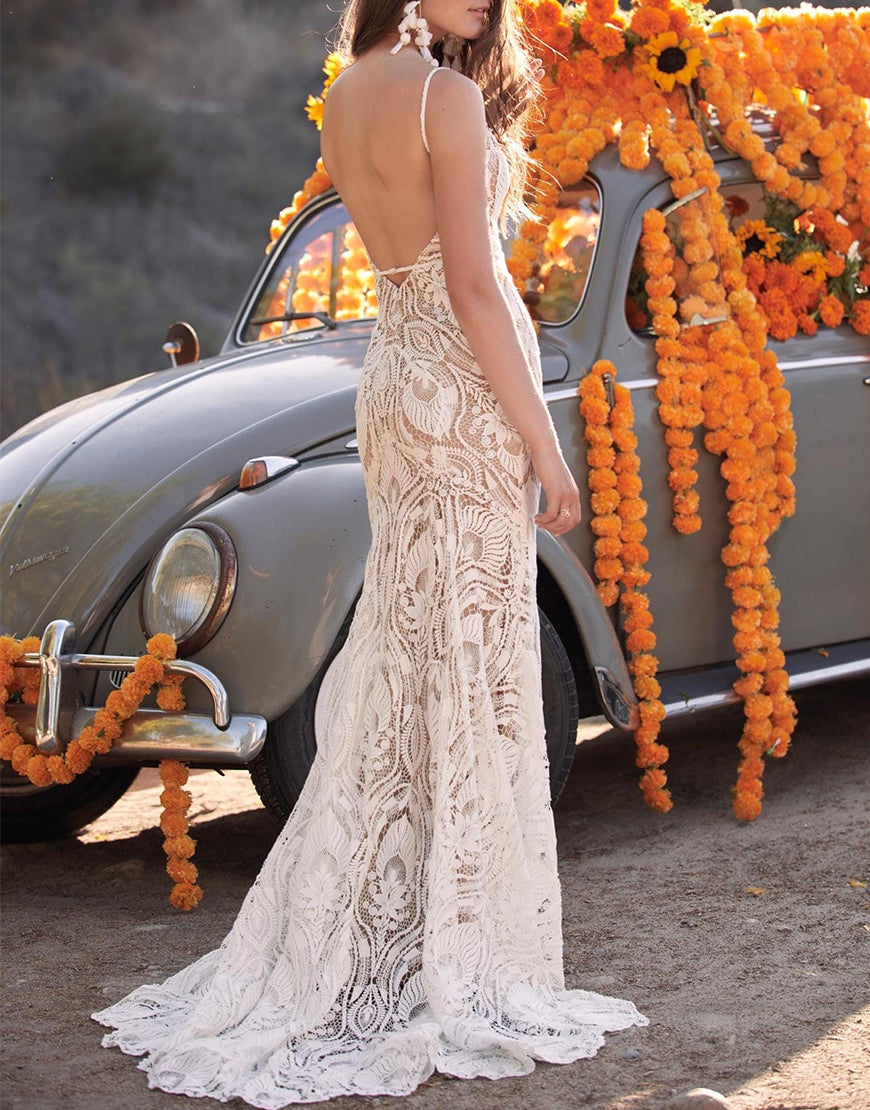 Luolandi Charming V-neck Backless Lace Boho Long Wedding Dress Open Back Elegant Bridal Gown