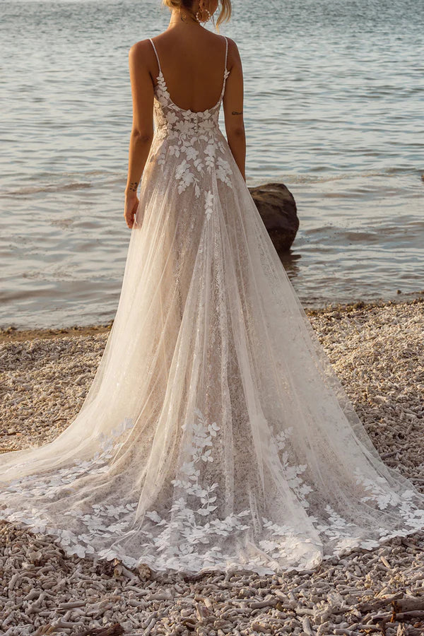 Luolandi A-neck V-neck lace decal bohemian style wedding dress with sweeping train Beautiful