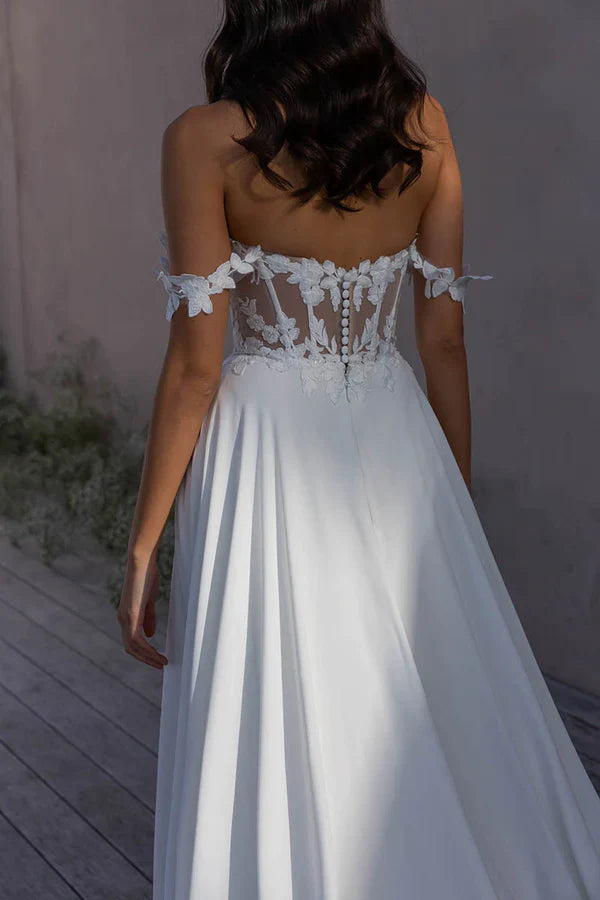 Luolandi A line sweetheart lace appliques boho wedding dress with court train Off Shoulder With Slit
