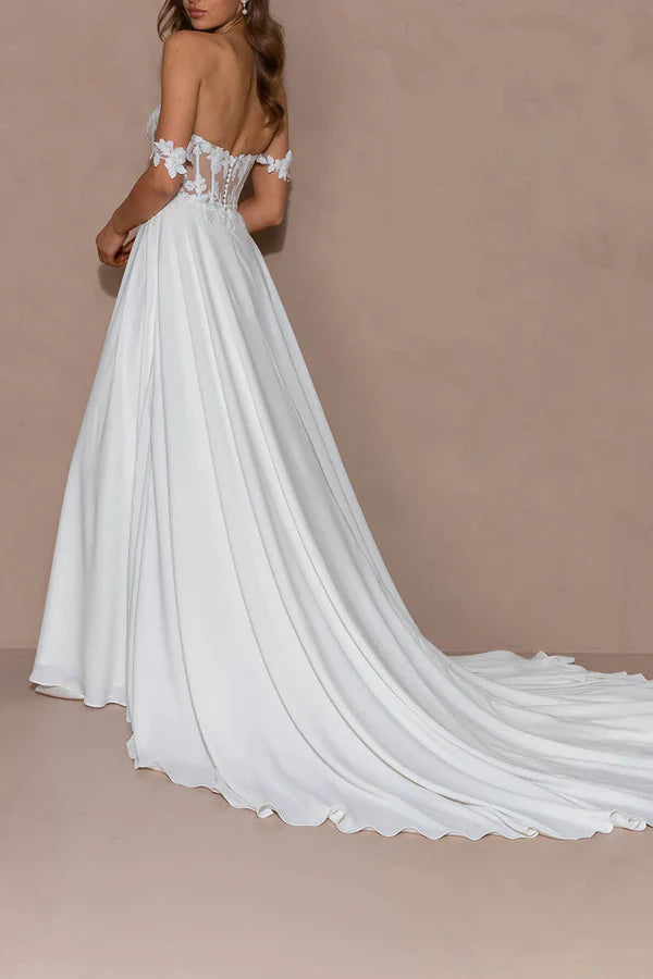 Luolandi A line sweetheart lace appliques boho wedding dress with court train Off Shoulder With Slit