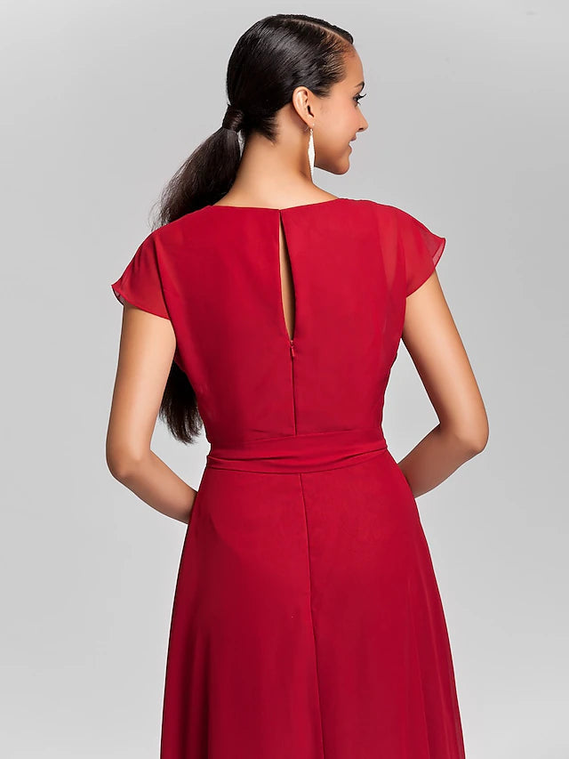 Luolandi Sheath / Column Bridesmaid Dress Cowl Neck Short Sleeve Elegant Floor Length Chiffon with Sash / Ribbon