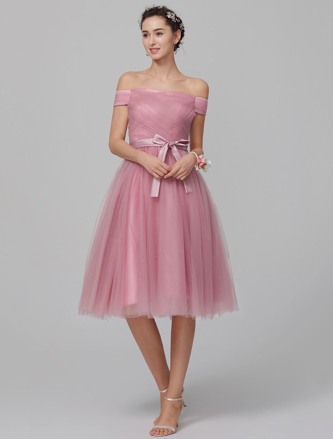 Luolandi A-Line Off Shoulder Knee Length Tulle Bridesmaid Dress with Sash / Ribbon Draping