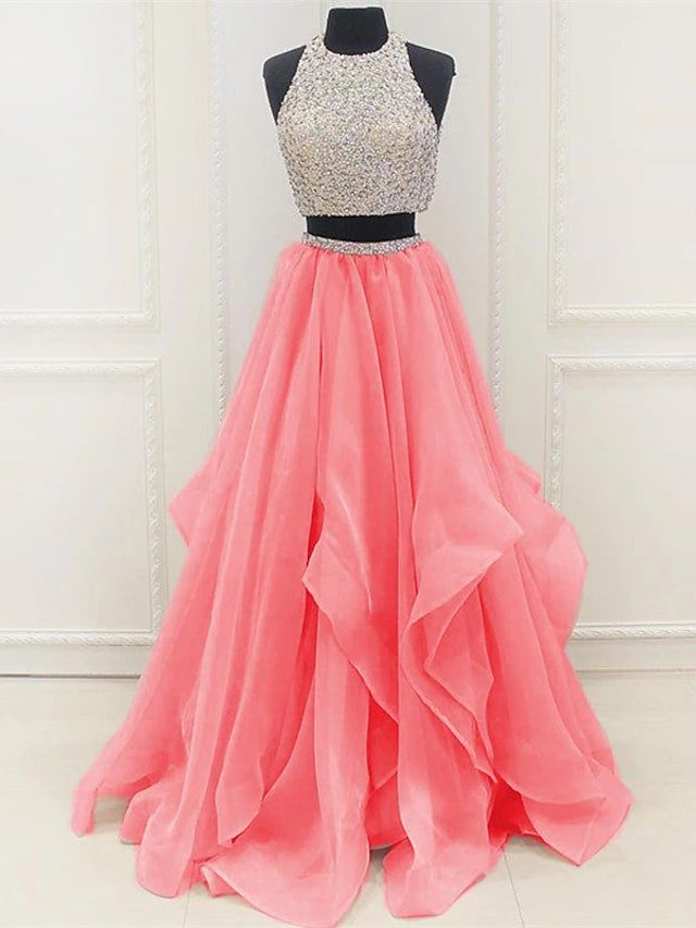 Luolandi Two Piece Ball Gown Prom Dresses Sparkle & Shine Dress Party Wear Floor Length Sleeveless Halter Organza