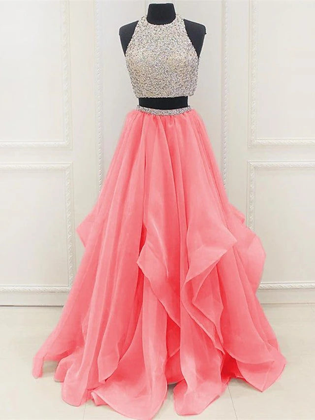 Two Piece Ball Gown Prom Dresses Sparkle & Shine Dress Party Wear Floor Length Sleeveless Halter Organza