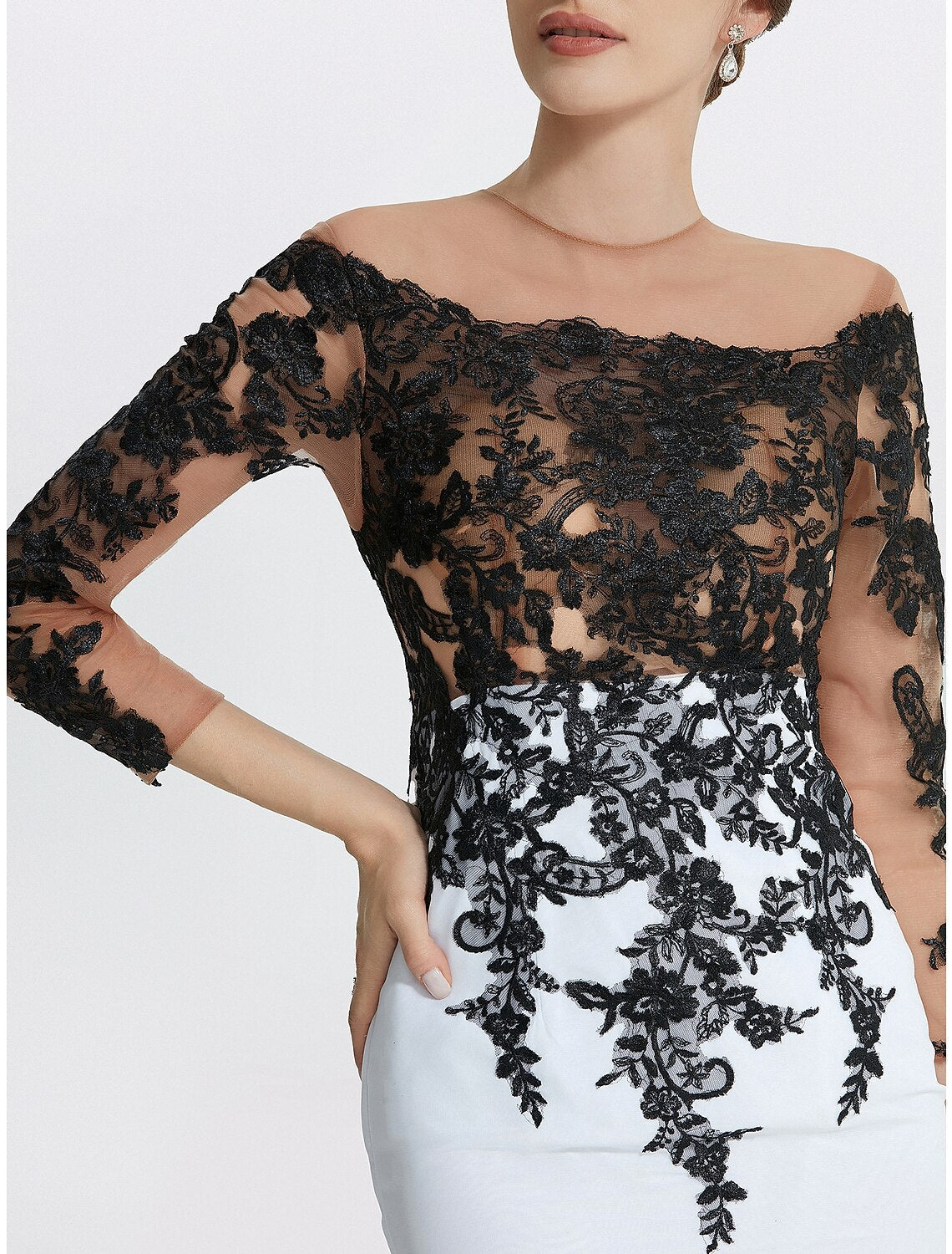 Luolandi Mermaid Evening Gown Elegant Black Dress Masquerade Black Tie Colorblock Sweep / Brush Train Long Sleeve Jewel Neck Chiffon